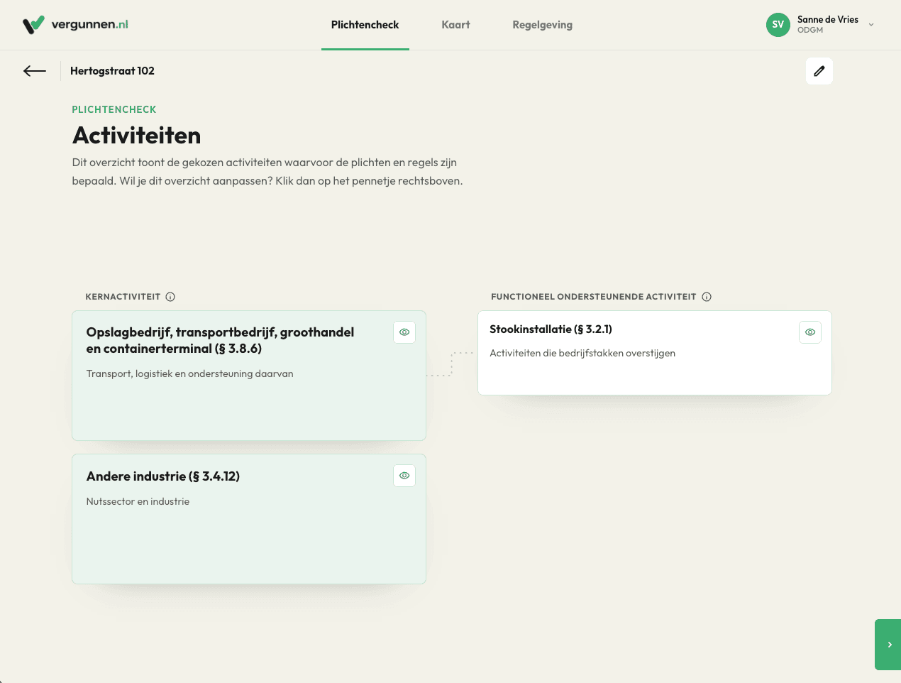 Schermafbeelding: relaties tussen kernactiviteiten en functioneel ondersteunende activiteiten