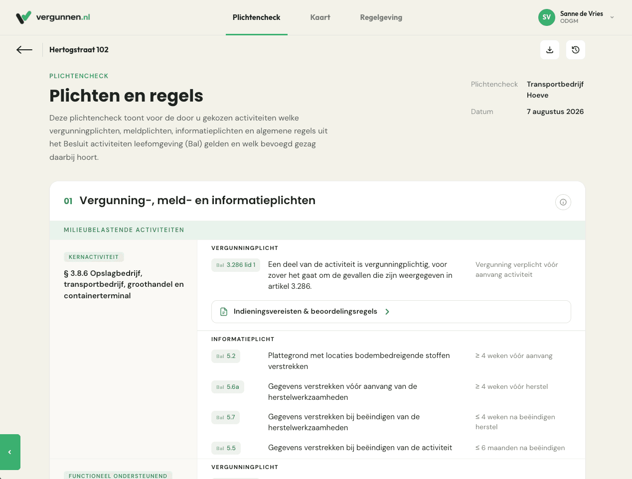 Schermafbeelding: overzicht van plichten en regels voor een locatie